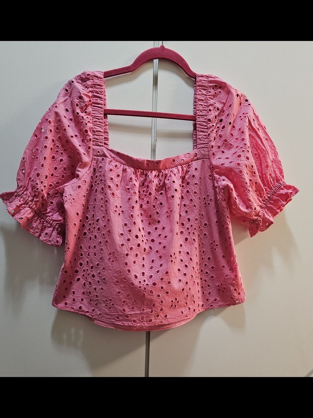 Pink Eyelet Square-Neck Puff-Sleeve Blouse